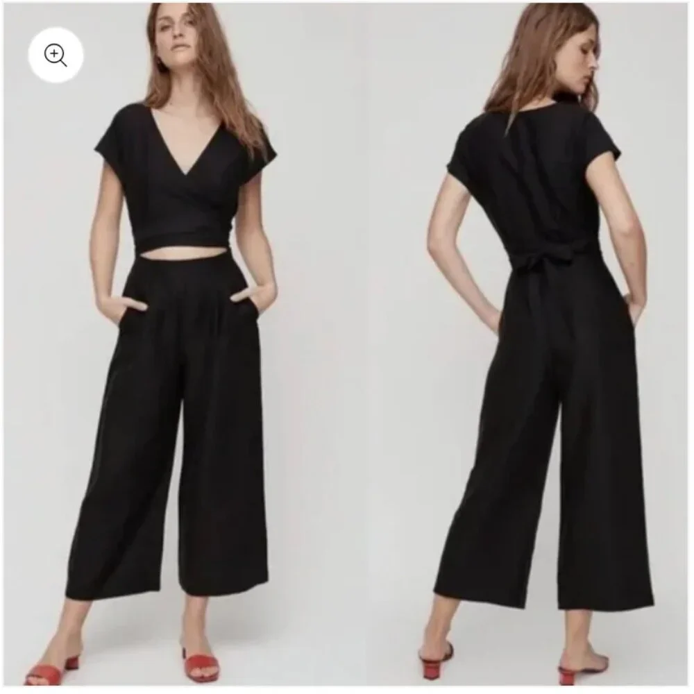 Aritzia Black Sleeveless Jumpsuit linen wide leg wrap top office casual neutral
